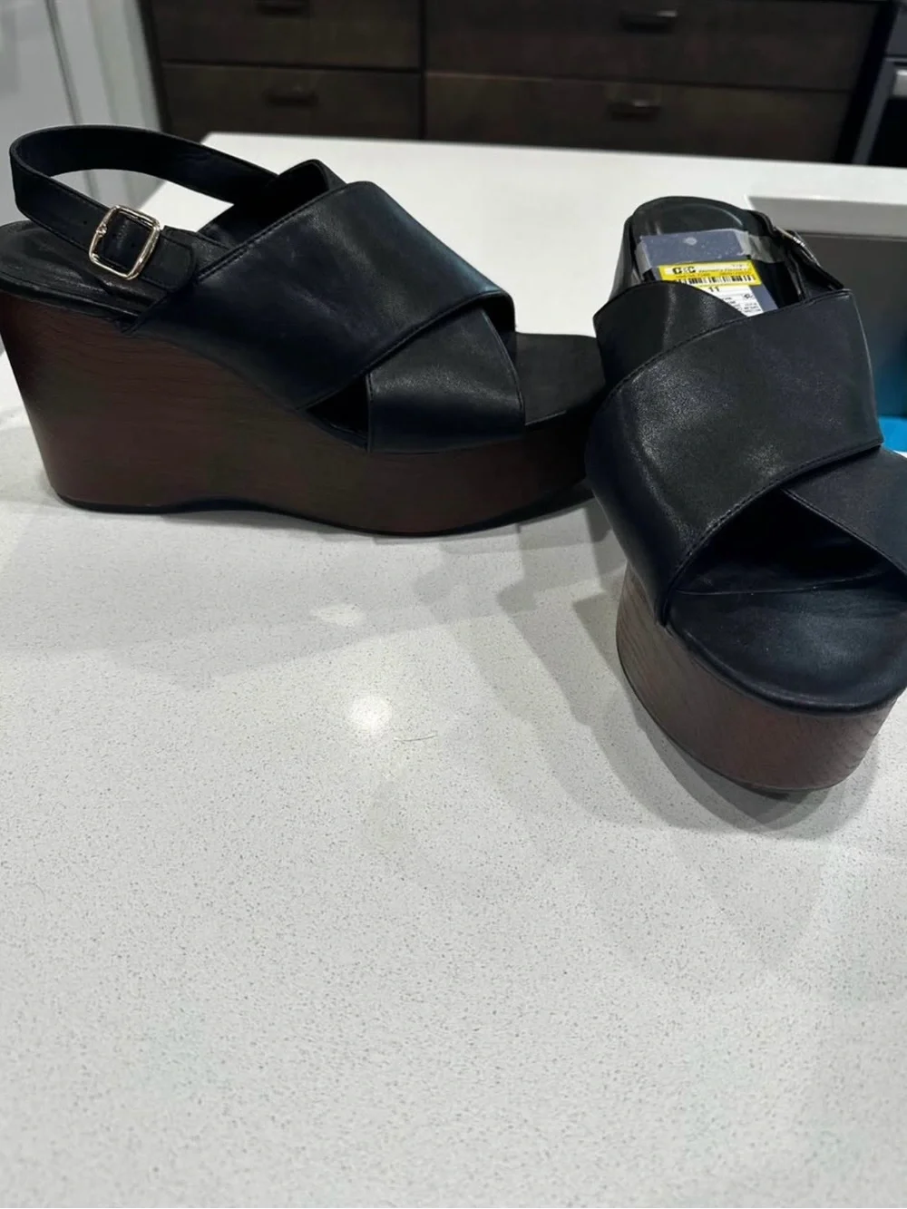 Black Leather Crisscross Slingback Wedge Sandals